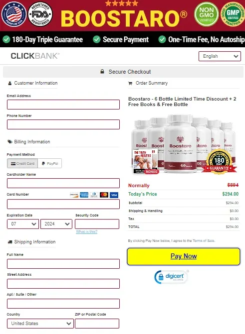 Boostaro Male Health Supplement Order Page